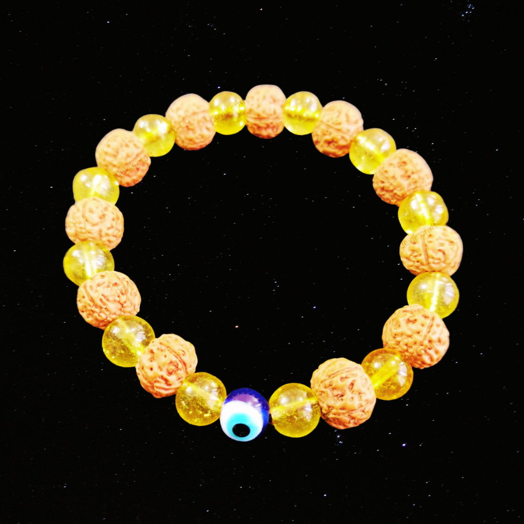 Citrine Crystal Rudraksha Bracelet With Evil Eye Protection : Unlocking Success and Joy | Energize, Manifest, Prosper - Natural Healing Jewelry