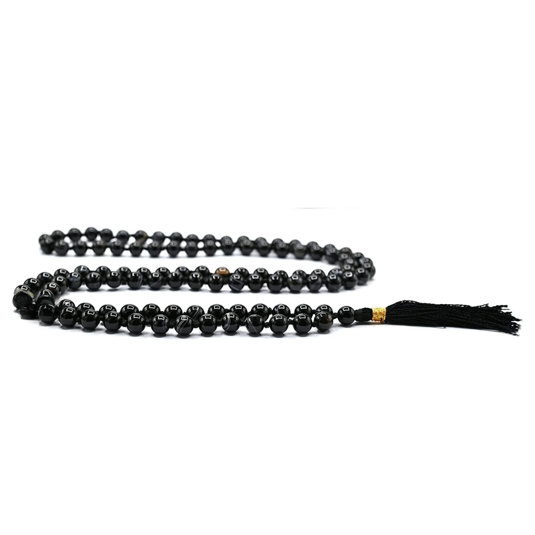 Black Hakik Japa Mala - 108 Prayer Beads, 8mm Gemstones, Healing Meditation Necklace for Men and Women