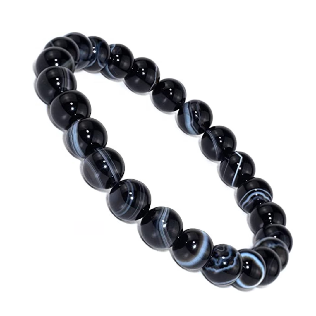 Black Sulemani Hakik Bracelet - 8mm Beaded Banded Agate Onyx, Natural Crystal Healing