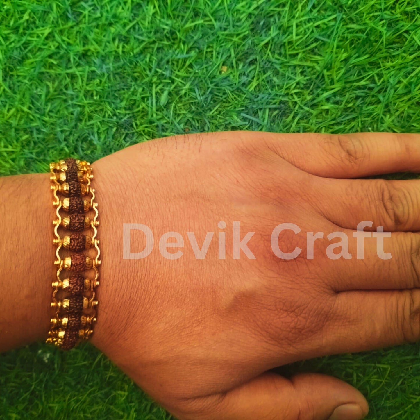 Gold Plated Natural 5 Face Rudraksha Bracelet for Men and Women 4 mm Beads