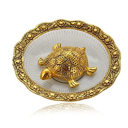 Metal Feng Shui Tortoise On Plate Showpiece for Good Luck