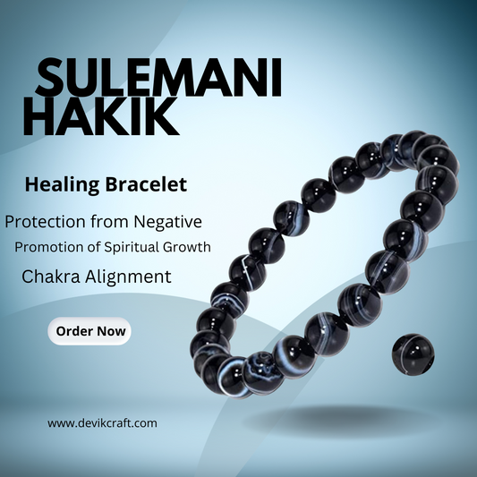 Black Sulemani Hakik Bracelet - 8mm Beaded Banded Agate Onyx, Natural Crystal Healing
