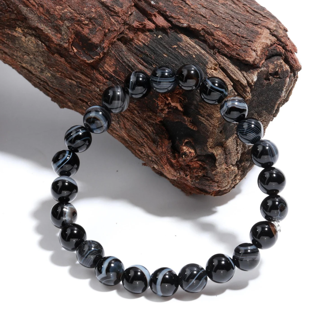 Black Sulemani Hakik Bracelet - 8mm Beaded Banded Agate Onyx, Natural Crystal Healing