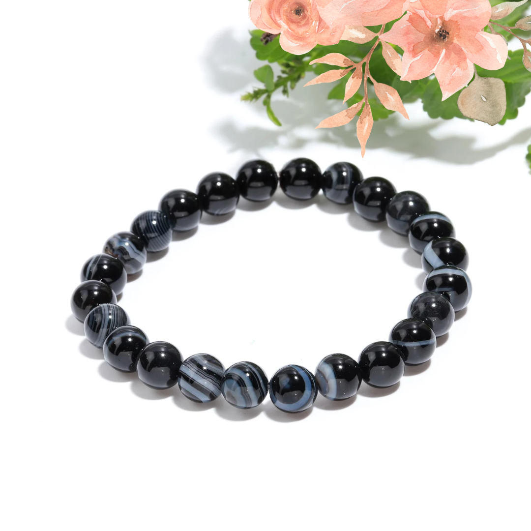 Black Sulemani Hakik Bracelet - 8mm Beaded Banded Agate Onyx, Natural Crystal Healing