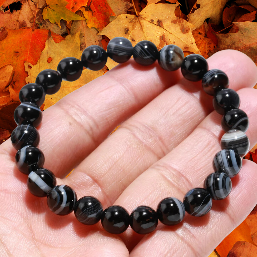 Black Sulemani Hakik Bracelet - 8mm Beaded Banded Agate Onyx, Natural Crystal Healing