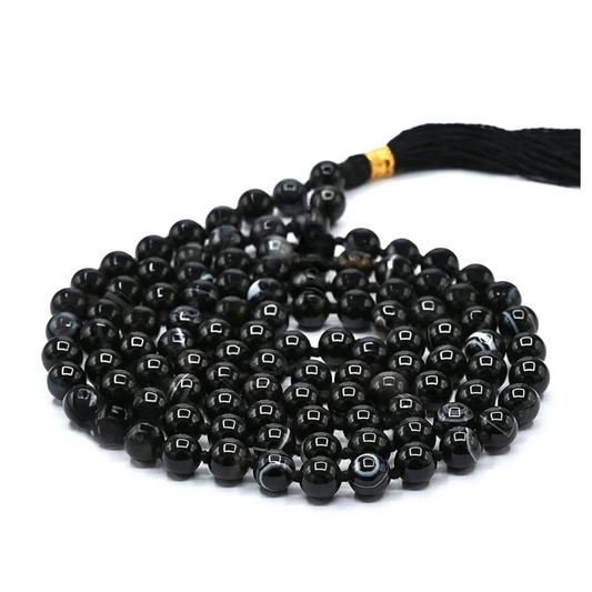 Black Hakik Japa Mala - 108 Prayer Beads, 8mm Gemstones, Healing Meditation Necklace for Men and Women