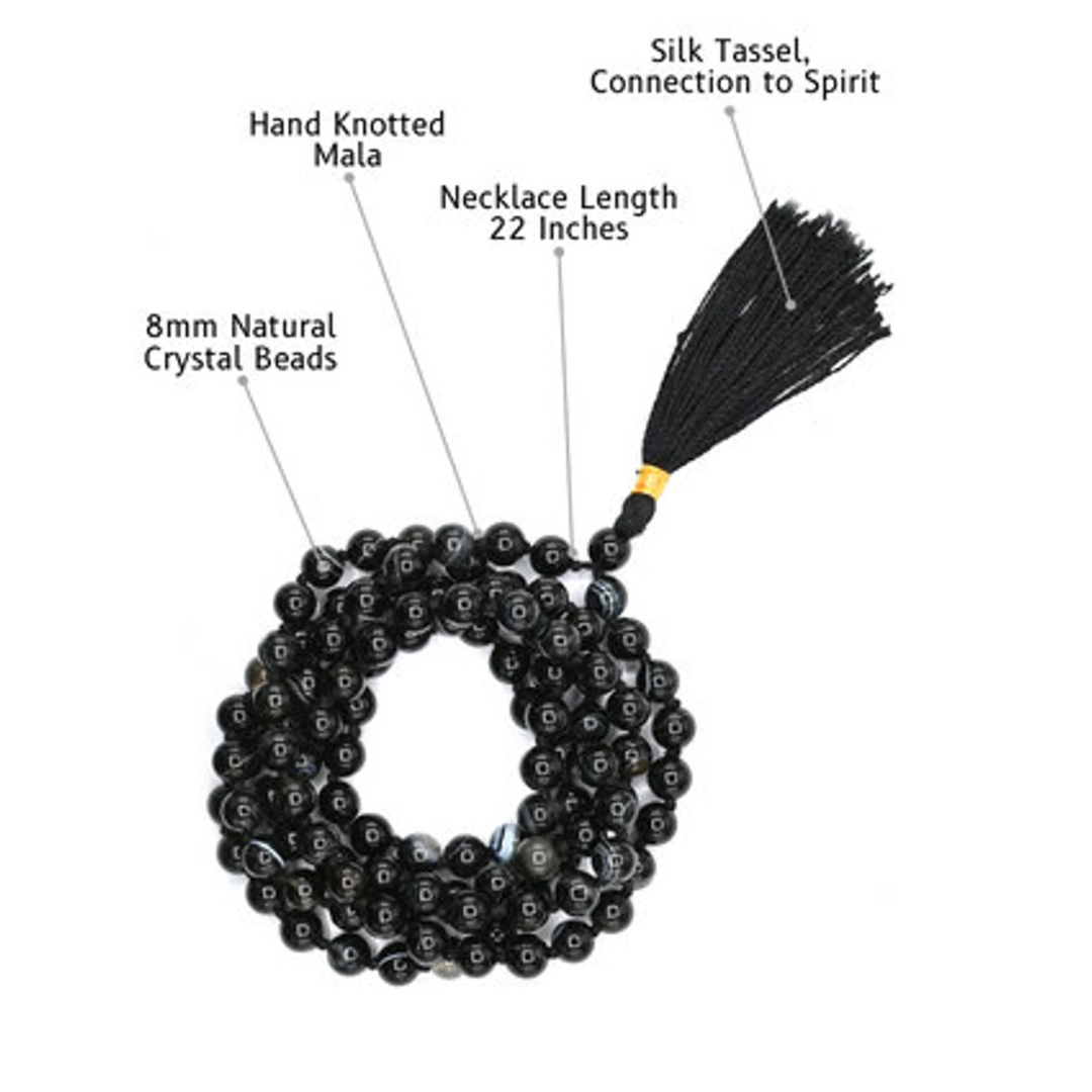 Black Hakik Japa Mala - 108 Prayer Beads, 8mm Gemstones, Healing Meditation Necklace for Men and Women