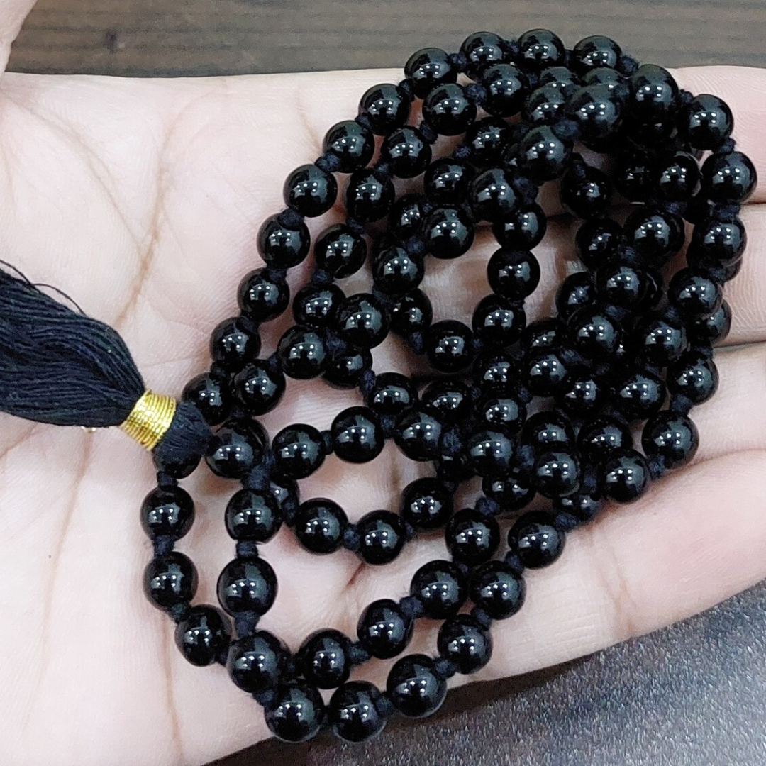 Black Hakik Japa Mala - 108 Prayer Beads, 8mm Gemstones, Healing Meditation Necklace for Men and Women