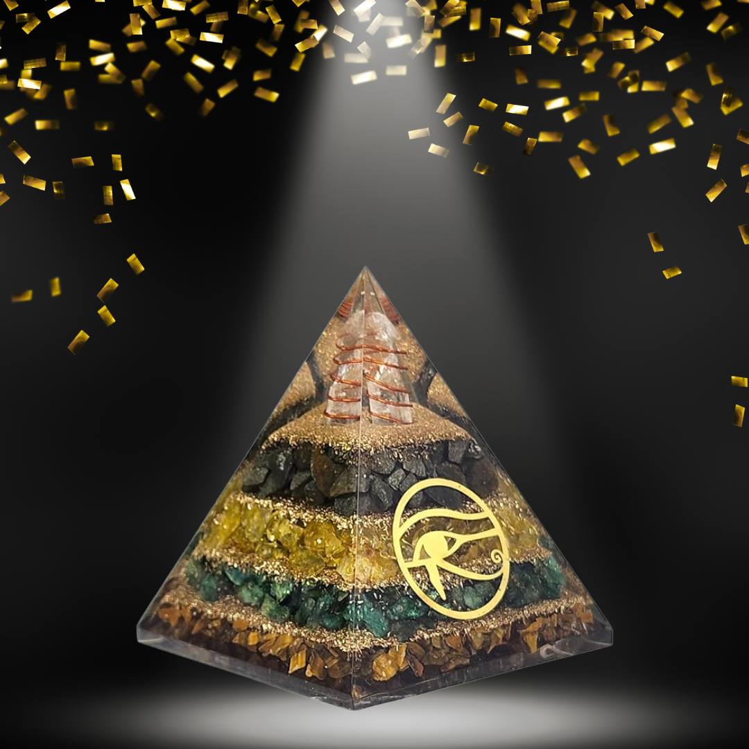 Money Magnet Pyramid for Success, Abundance & Prosperity - Pyrite, Citrine, Jade, Tiger Eye - Eye of Horus Symbol