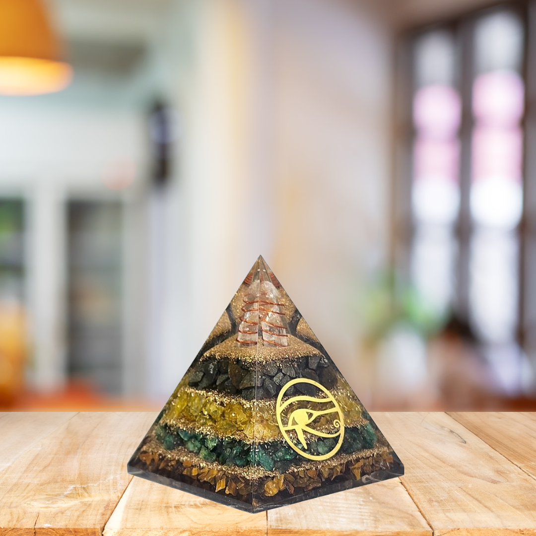 Money Magnet Pyramid for Success, Abundance & Prosperity - Pyrite, Citrine, Jade, Tiger Eye - Eye of Horus Symbol
