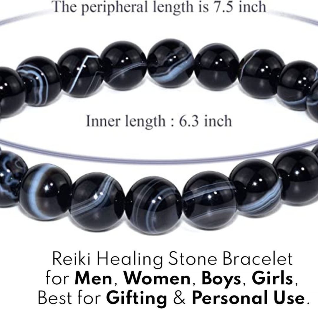 Black Sulemani Hakik Bracelet - 8mm Beaded Banded Agate Onyx, Natural Crystal Healing