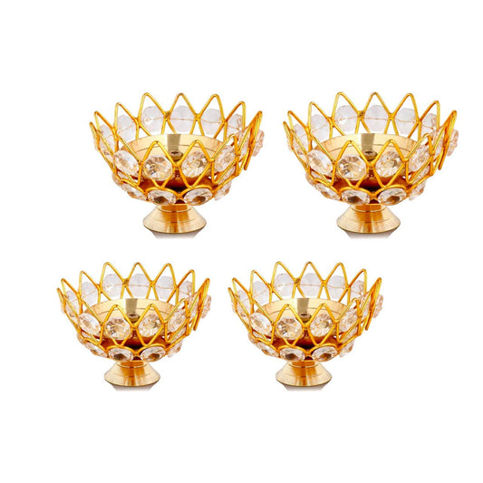 Crystal Diya Round Shape Deep Akhand Jyoti Oil Lamp for Home Temple Puja Decor Gifts Pack of 4