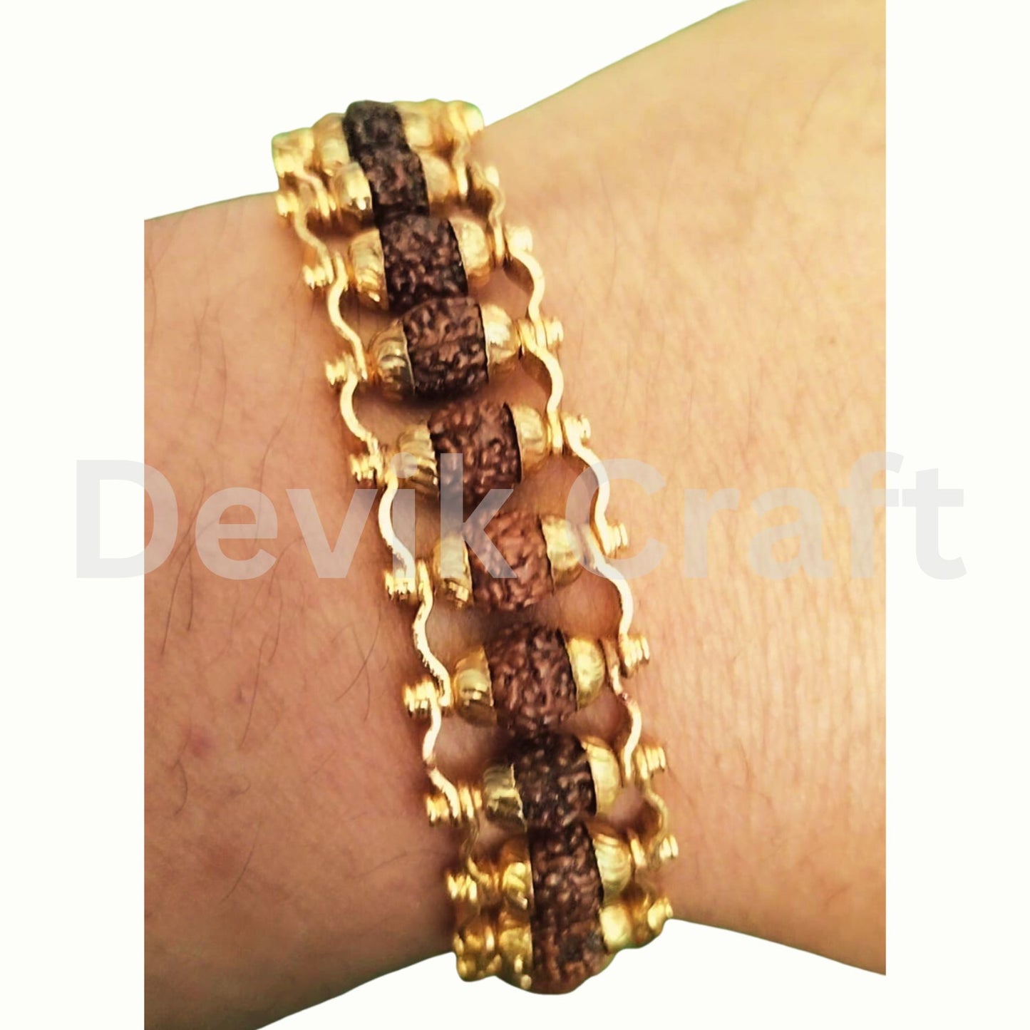 Gold Plated Natural 5 Face Rudraksha Bracelet for Men and Women 4 mm Beads