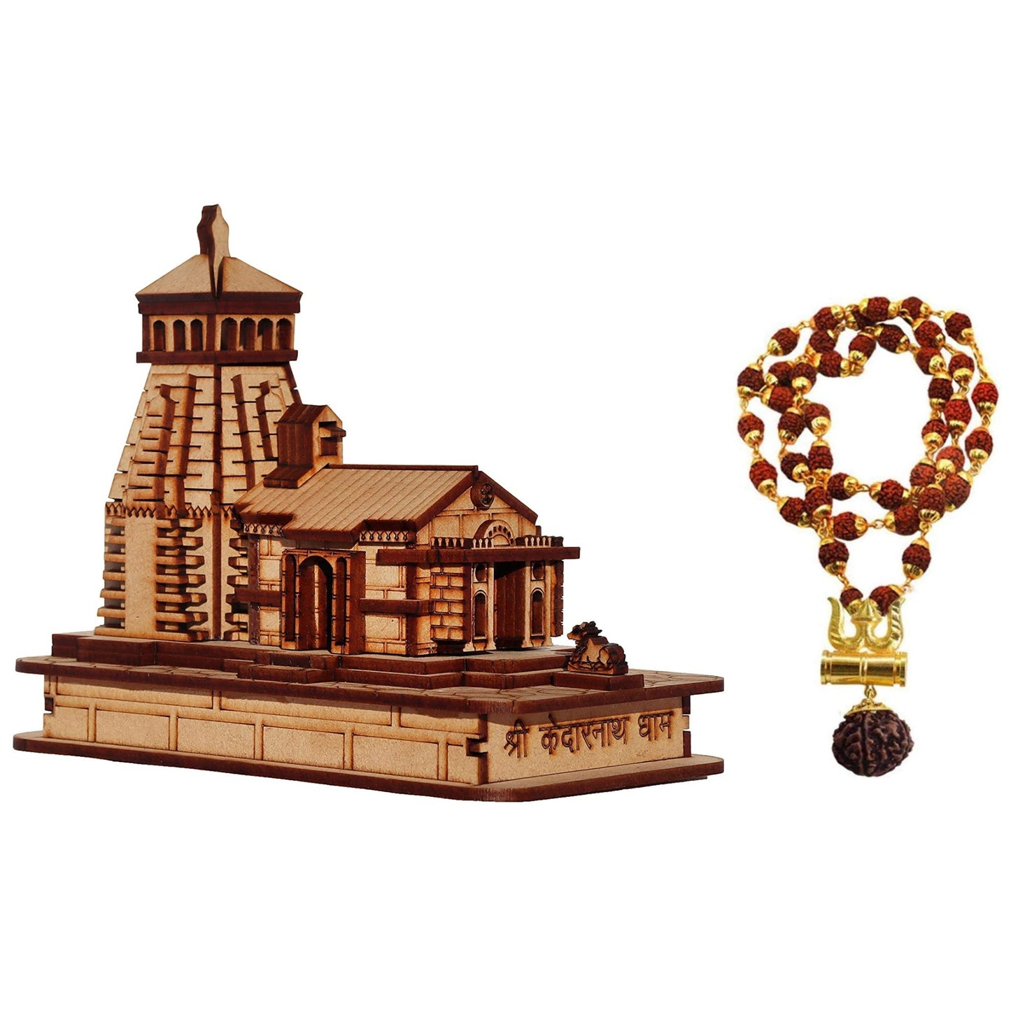 Kedarnath temple in wood miniature for Car Dashboard with Rudraksha Mala