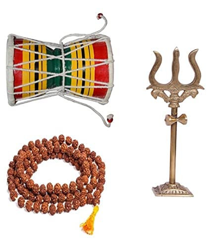 Rudraksha Mala Panchmukhi Original 5 Face 108 Beads with Brass Lord Shiva Trishul and Hancrafted Wooden Shiv Damru