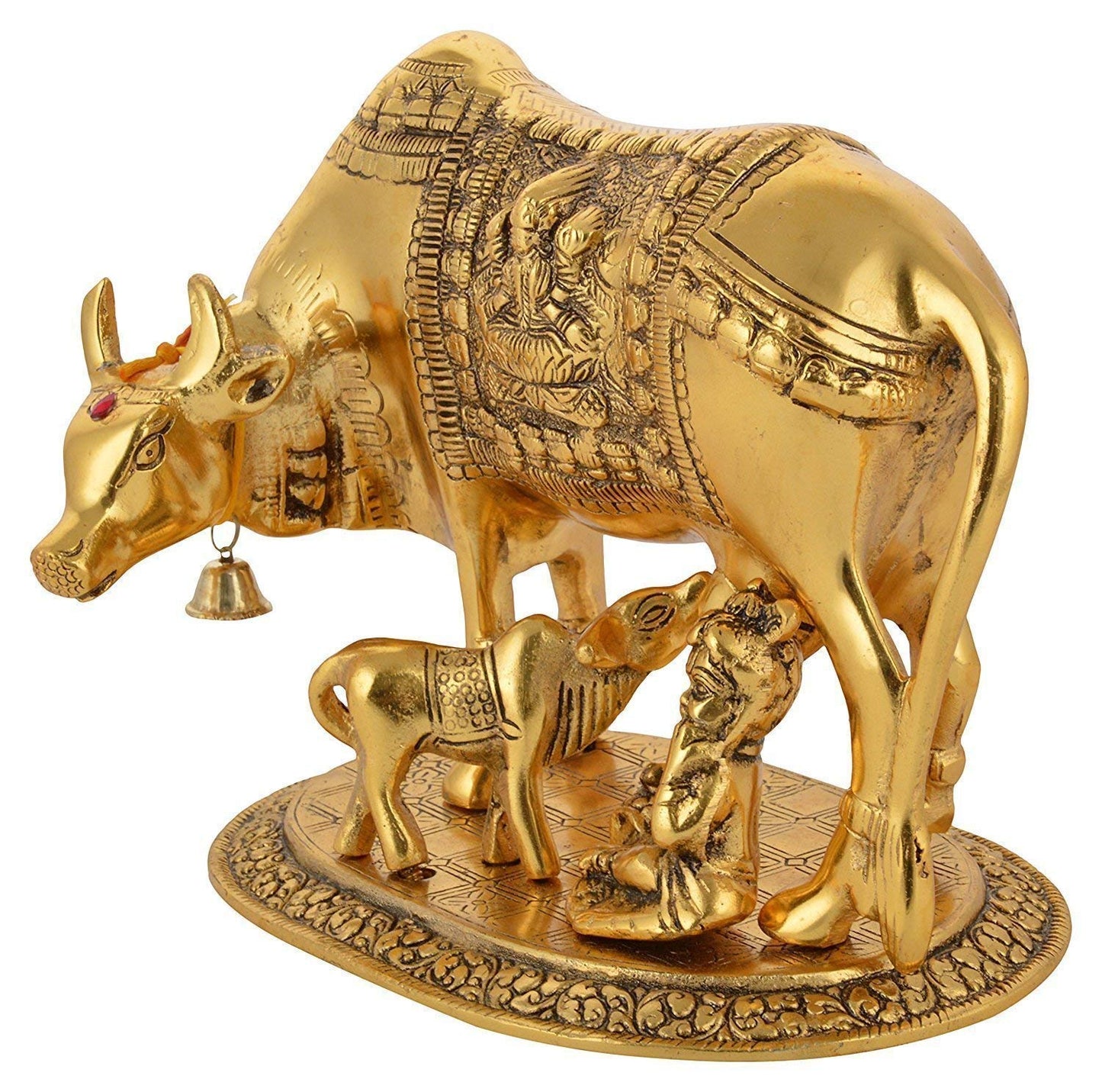 Kamdhenu Cow with Calf & Krishna Brass God Figure Showpiece Decor