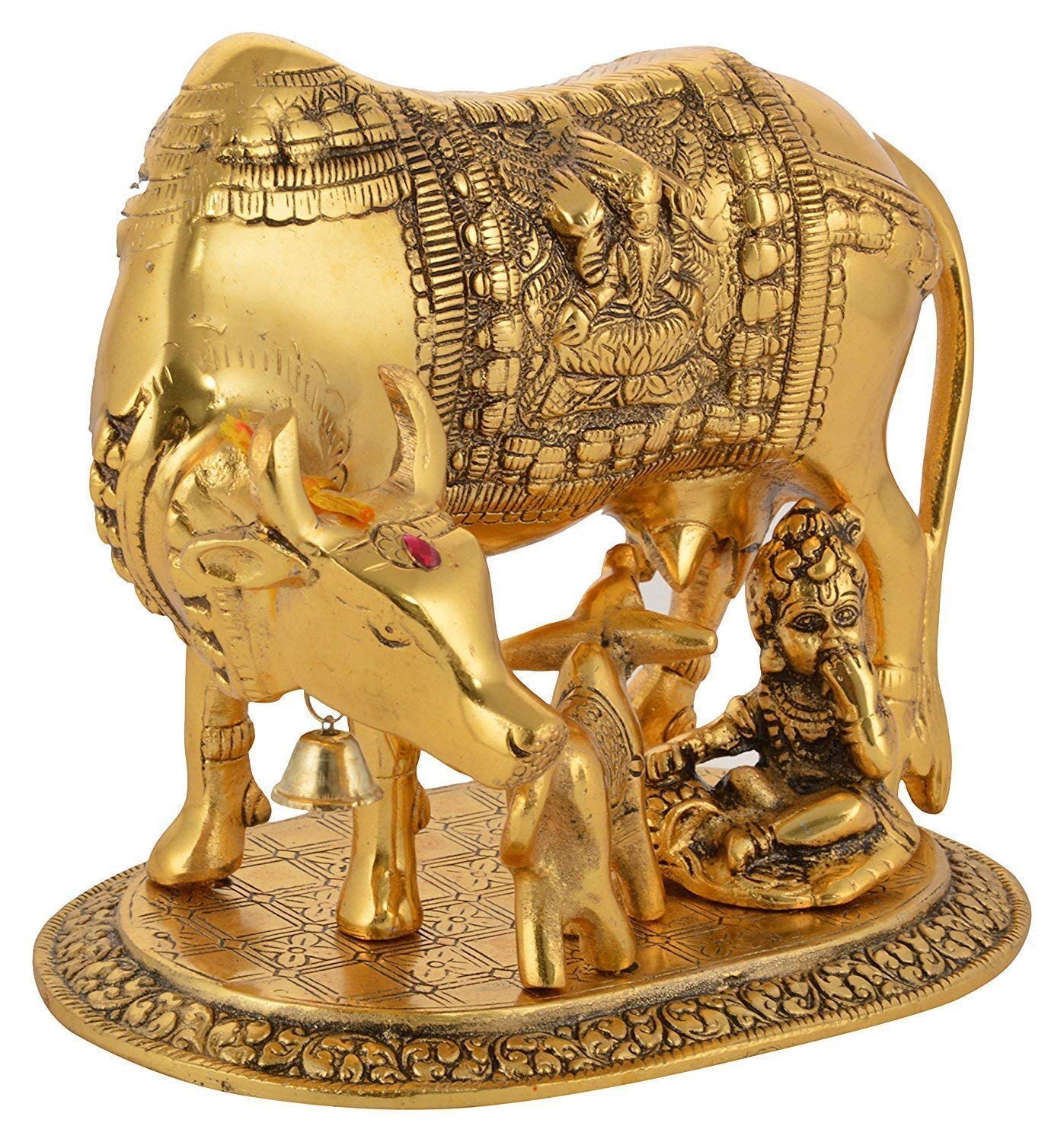 Kamdhenu Cow with Calf & Krishna Brass God Figure Showpiece Decor