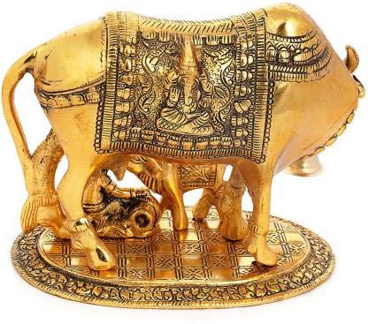 Kamdhenu Cow with Calf & Krishna Brass God Figure Showpiece Decor